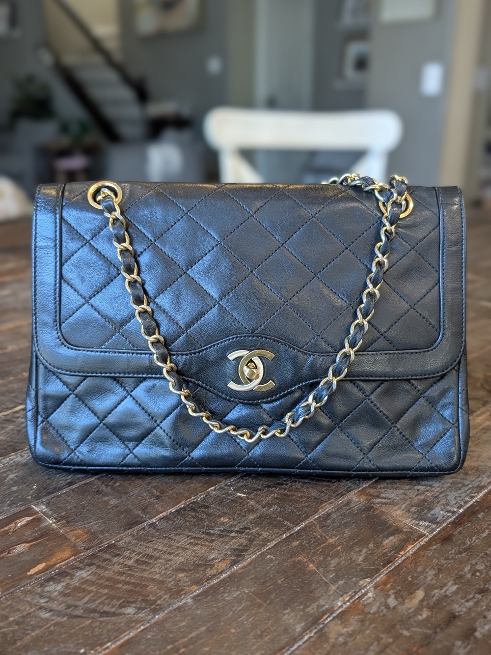 Chanel Vintage Black Matelasse Double Flap Shoulder Bag Two Toned Hardware